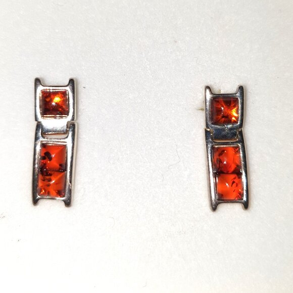 Vintage Genuine Baltic Cognac Amber Three Stone 925 Sterling Silver Stud Earring - Picture 1 of 9